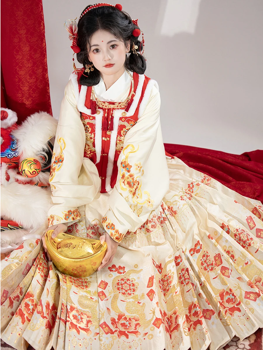 오리지널 Ming Hanfu 여성용 위빙 골드 모조 메이크업 꽃, 새해 서비스, 6 계량기 말 얼굴 스커트, 용수철 및 가을