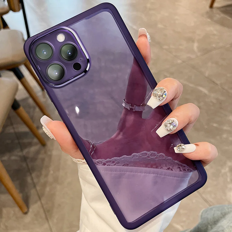 Clear Matte Frame Soft Silicone Case For iPhone 15 Mini 14 Max 12 11 13 Pro 8 Plus Camera Lens_voghion.com