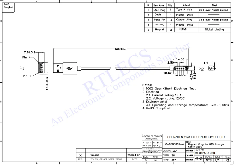 1 Sätze magnetischer Pogo-Pin-Stecker, 4-poliges USB-Kabel, Ladedatenübertragung, Typ A, männlich, Typ C, weiblich, PCB-Magnete, Kontakt – Detail 3