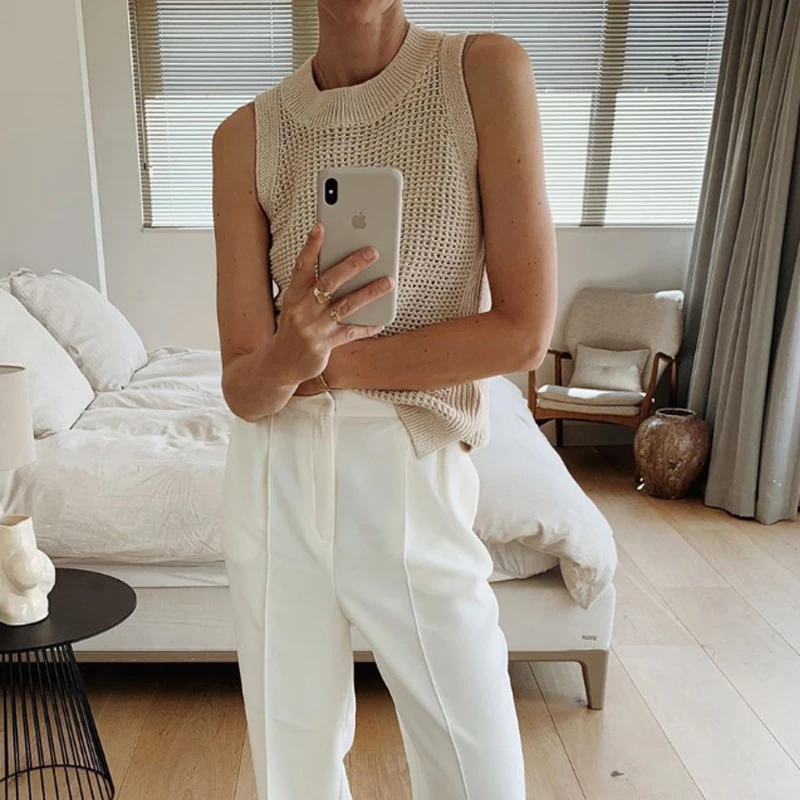 Summer Hollow out Svel Knitted Ice Silk ort Top Women's Faionable  Color round Ne Pullover Outerwear Vest