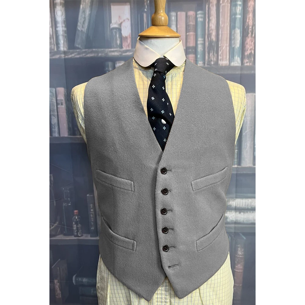 Winter Men's V Neck Suit Vest Grey Wool Blend Waistcoat Formal Elegant Wedding Single Breasted Vests for Men Dress Up