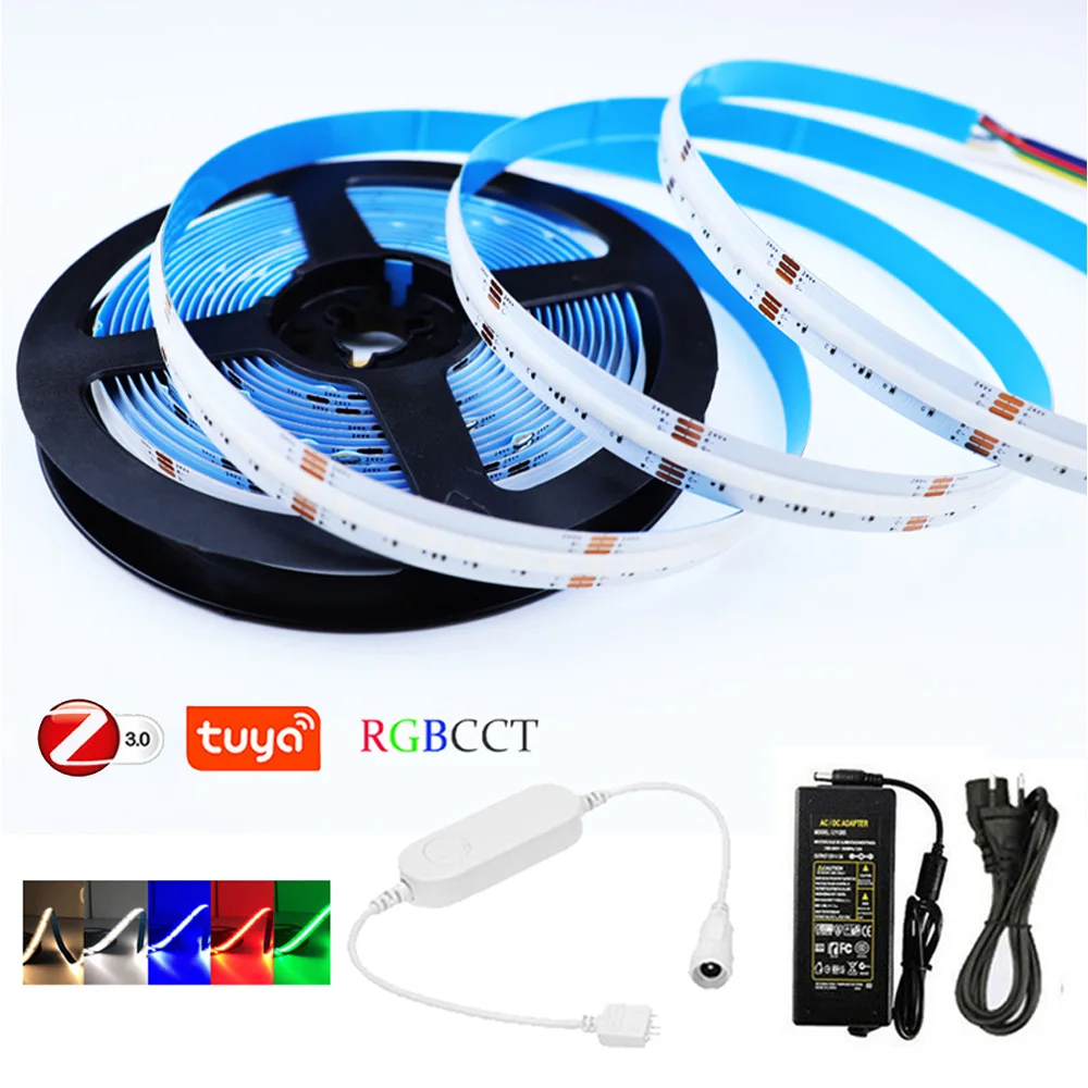 

Tuya Zigbee 3.0 RGB+CCT COB LED Dimmer Strip Set 6 Pin 24V 1m 5m RGBCW Smart Remote Wireless Control RA90 Linear Light For Alexa