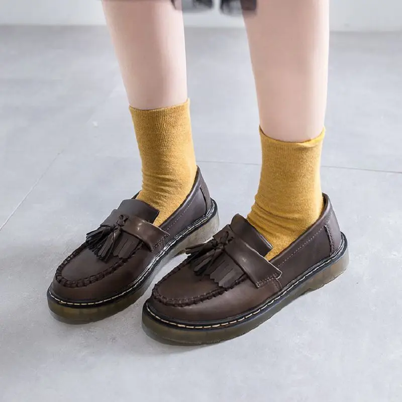 Women Tassel Loafer Brown Black Rubber Sole Flats College Style Shoes HY1