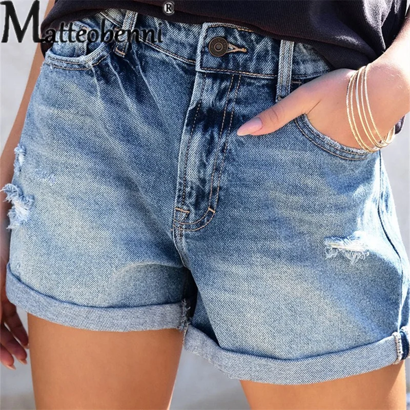 Fashion Mid Waist Button Splicing Broken Holes Denim Shorts Women Casual Stretch Three Quarter Pants Female Straight Mini Jeans