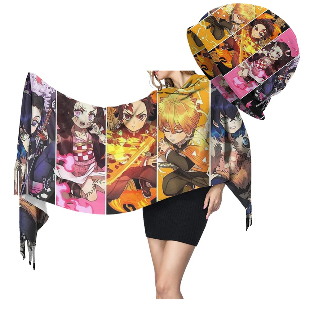 NOISYDESIGNS-악마 슬레이어 모조 캐시미어 목도리 니트 겨울 모자, 악마의 블레이드 애니메이션 따뜻한 스카프 목도리, 남성 여성 