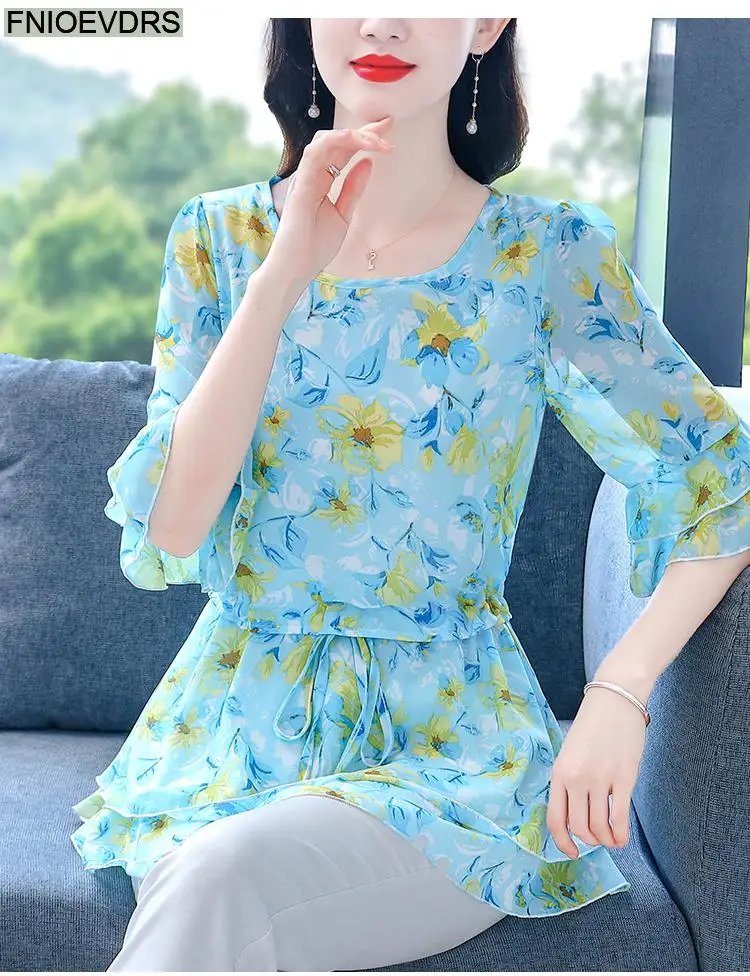S-4XL Loose Clothes 2023 Women Summer Slim Waist Drawstring Ruffles Shirts Casual Chiffon Floral Tunic Peplum Tops And Blouses