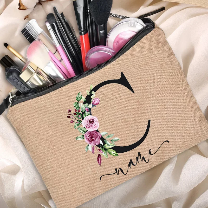 Linen Makeup Bag Customized Personalized Name Cosmetic Bag Bridesmaid Clutch Outdoor Travel Beauty  Bachelor Party Lipstick Bag 4