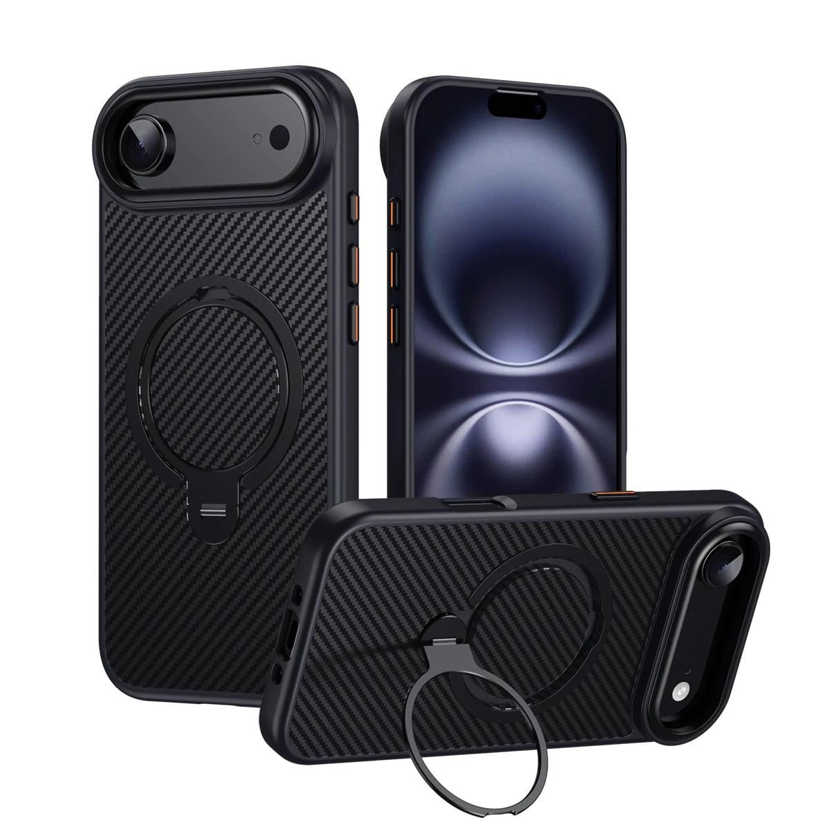 Carbon Fiber Magnetic Phone Case with Rotating Stand and Metal Camera Frame