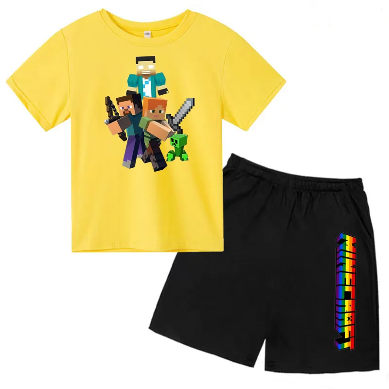 Kids Clothing Set Summer Kids T-shirt Set Multicolor Cartoon Print for Boys and Girls Ages 3-13 Casual 2-piece Set