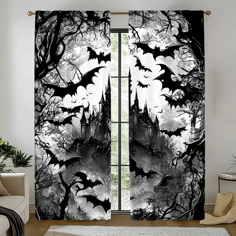 2PCS- Halloween Castle style patterned printed curtains, window decorations, home decorations, room decorations