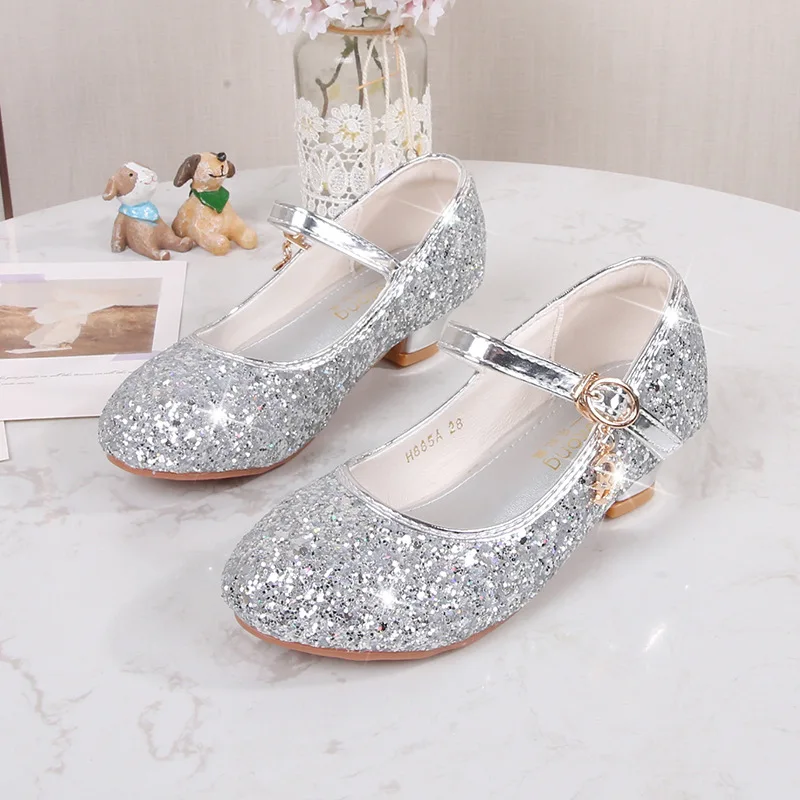 Children's Girls High Heeled Princess Style Cute Simple Flower Shoes Full Sequin Dance Shoes