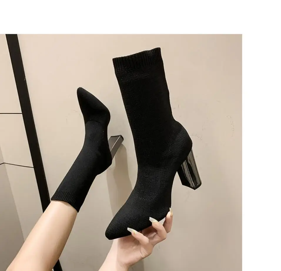 Autumn Thick Heel Ankle Boots Women Winter Shoes Elegant High Heel Pointed Toe Keep Warm Short Boots Ladies Knitted wool boots