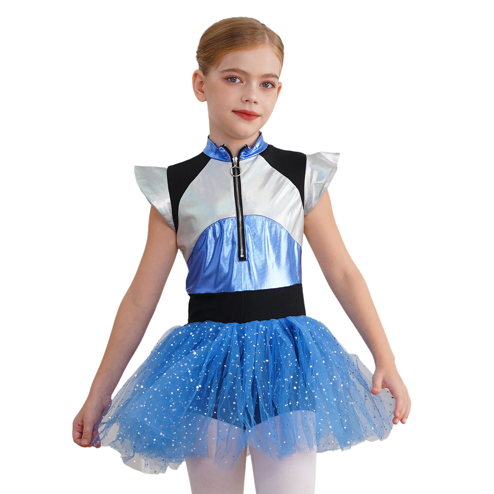 Description Picture 5 of itemKids Girls Cheerleading Uniform School Girls Cheer Dance Dress Short Sleeve Shiny Spangles Tutu Dress Bodysuit Alien Costume