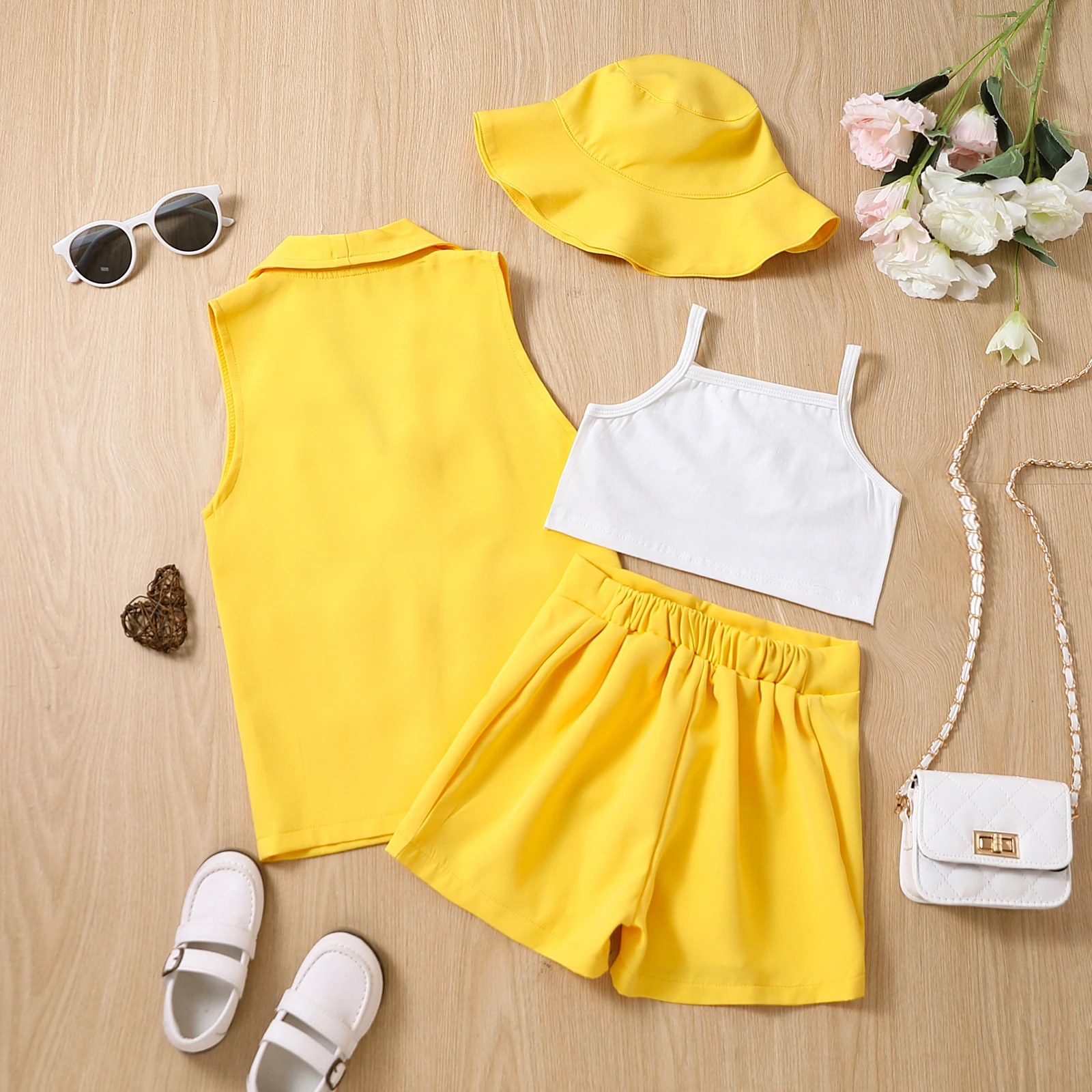 SUNSIOM 4Pcs Girls Summer Outfits Solid Color Sleeveless Camisoles Sling  Tank Tops Buttons Shorts Lapel Vest Hat Fashion Sets - AliExpress