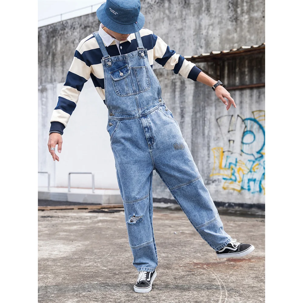

Retro Denim Strappy Pants Men Casual Ripped Hole Loose Baggy Straight Overalls Jeans Wide-Legged Work Trousers Suspenders