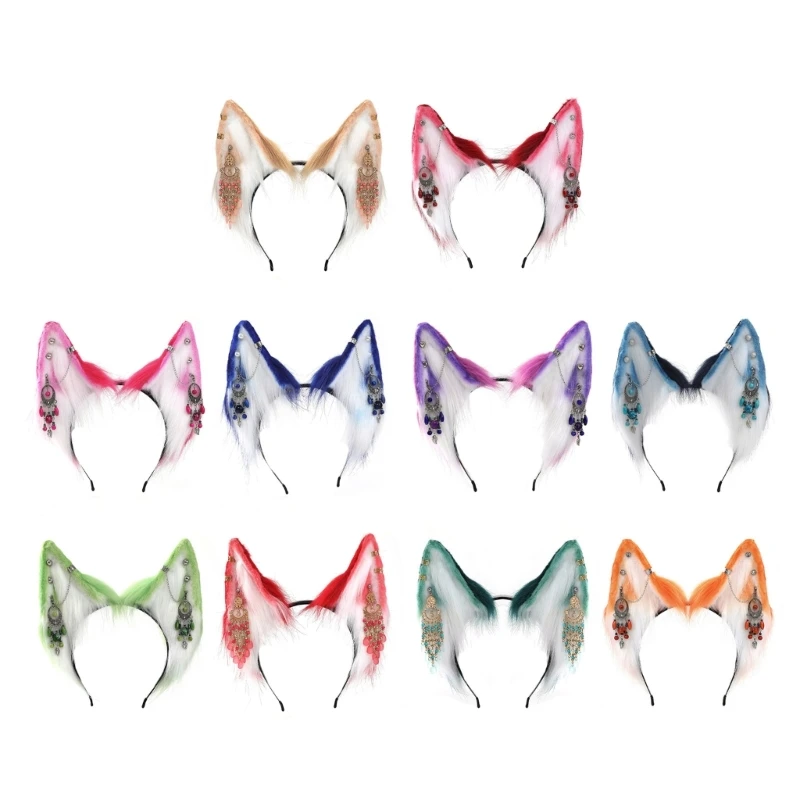 

Wolf Ear Cosplay Game Hair Hoop Woman Headband with Fringe Earring Decor
