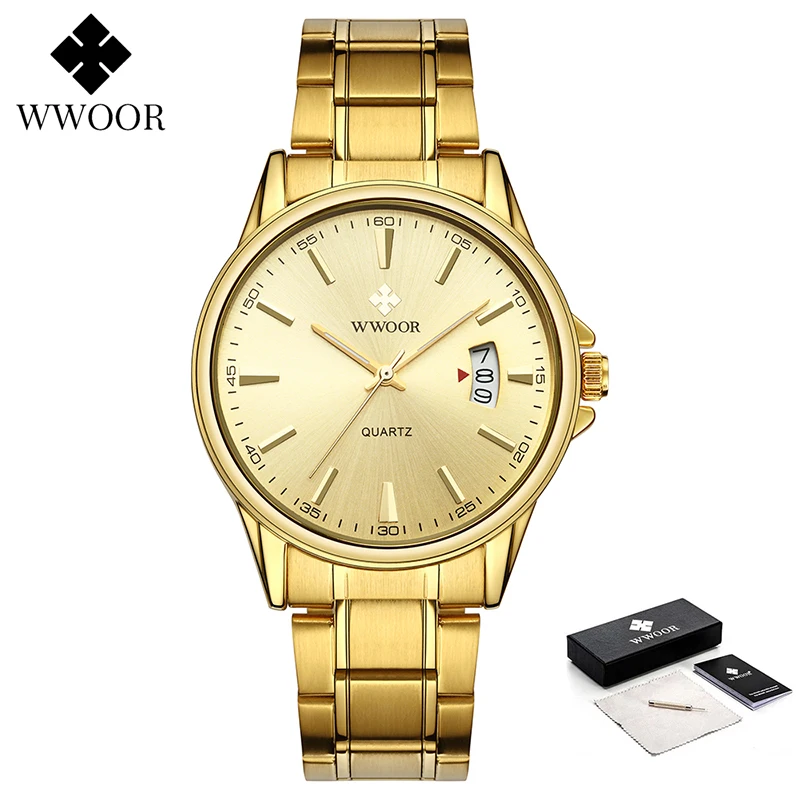 WWOOR Top Brand Luxury Mens Watch Fashion Gold Watch For Men Waterproof Date Stainless Steel Male Quartz Clock Relogio Masculino