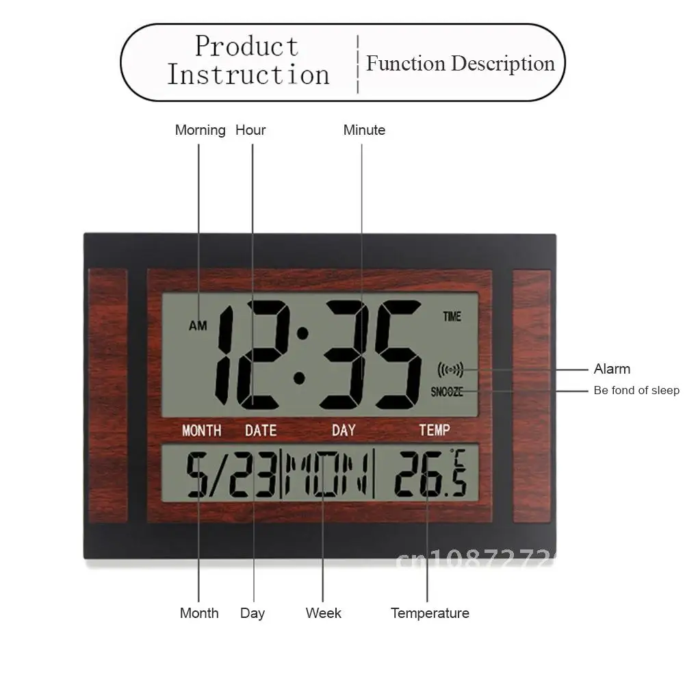 Alarm Clock 12/24 Hour Battery Operated Self-Setting Wall Desk Bedroom Clock Bedside Digital Calendar