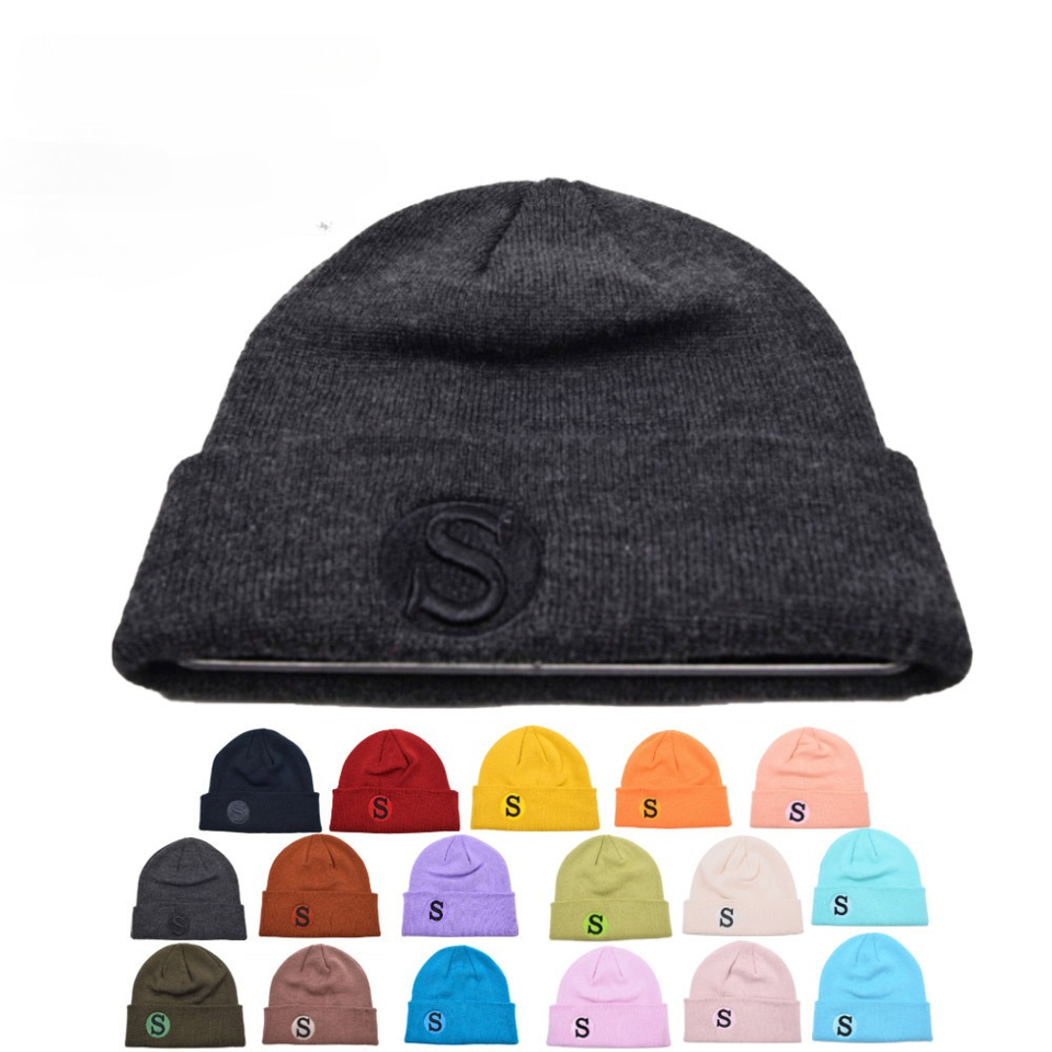 New Ins Autumn and Winter Embroidered S Letter Knitted Hat, Outdoor Warm Rolled Edge Solid Color Woolen Hat