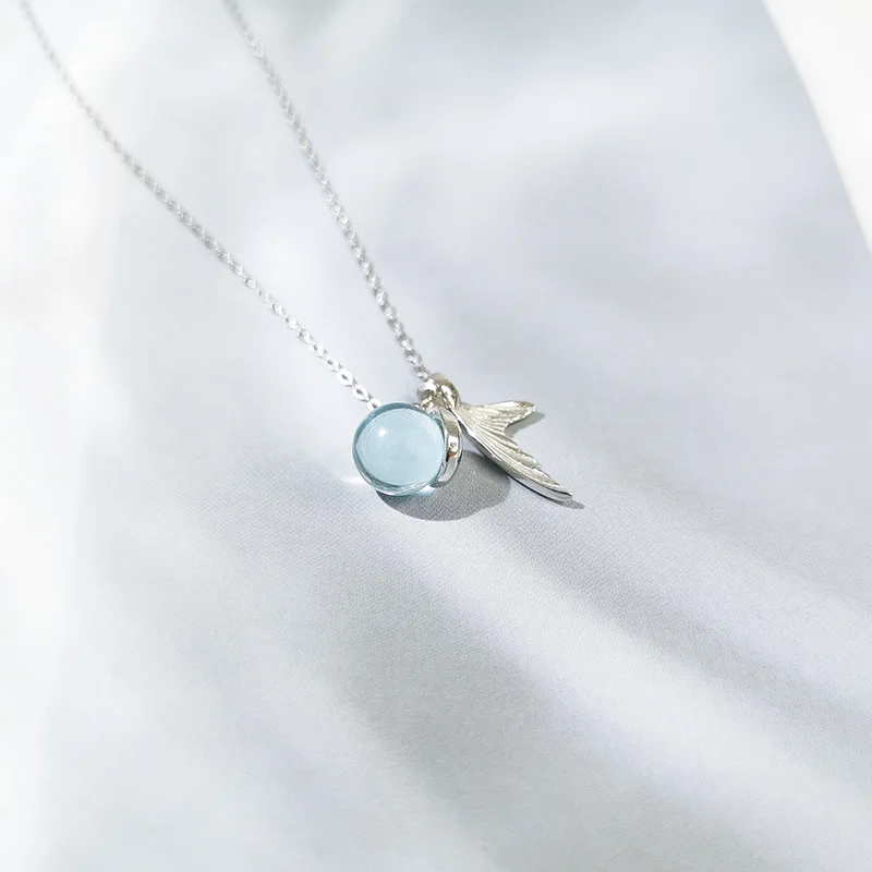 Fish foam Crystal Fishtail Pendant Chain S925 Sterling Silver Necklace