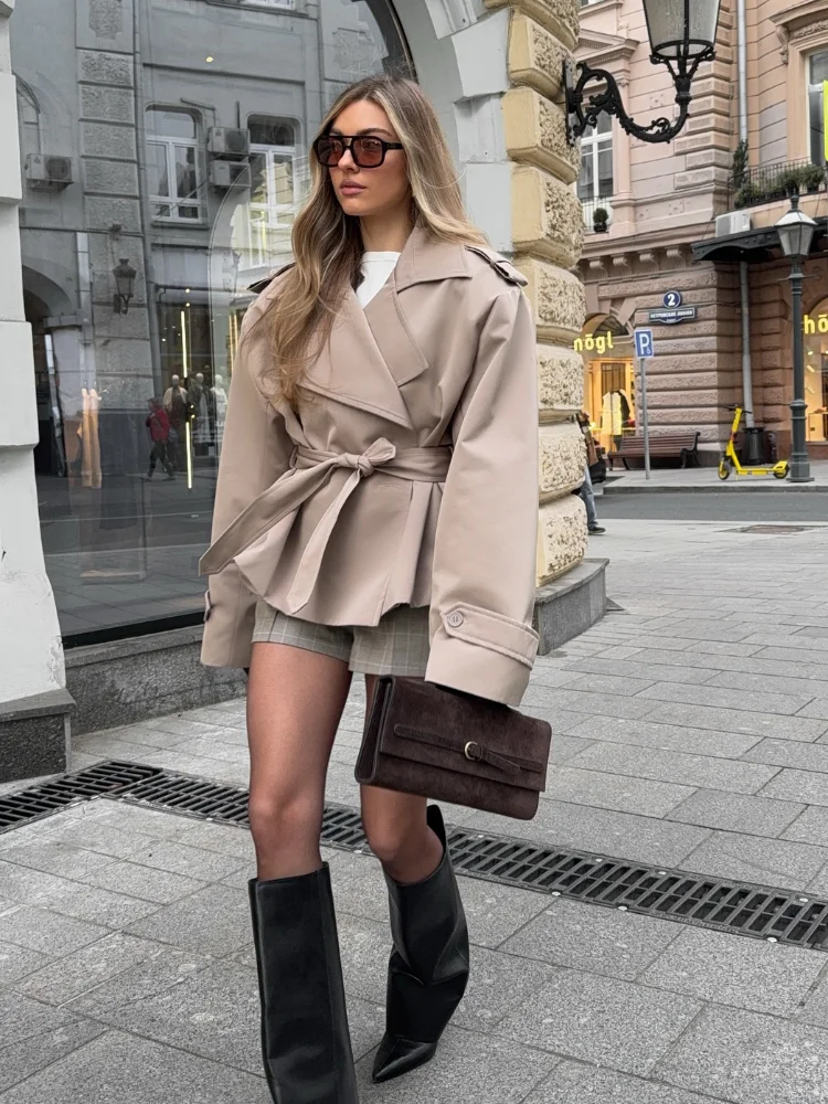 Fashion Lace Up Cropped Trench Coat 2026 Women Lapel Long Sleeves Wide Shoulder Windbreaker Jacket Lady Spring Commuting Outwear - 4