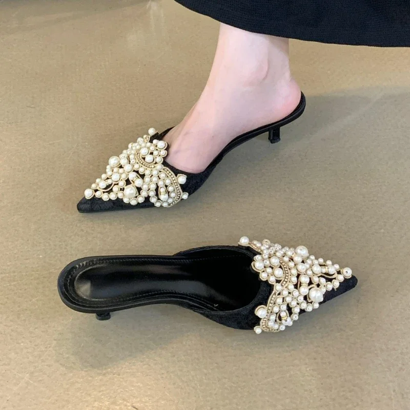 Pearl Luxury Designer High Heels Slippers Women Elegant Office Thin Heels Slides Female Pointed Toe Slingback Sandals Women