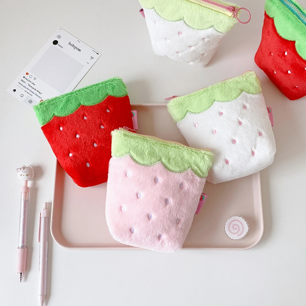 Cute Strawberry Plush Pencil Case With Zipper For Travel Makeup_voghion.com