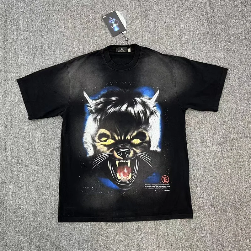 

Hellstar T-shirt 100% Cotton Wolf Head Print Best Quality 1:1 Label Retro Wash Couple Loose Top Short Sleeve