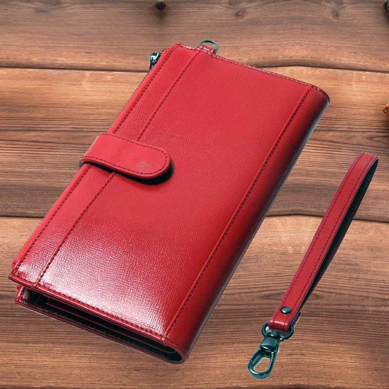 Women's Wallet Casual Long 3 Fold Large Capacity Genuine Cow Leather Phone Pocket Clutch Bag Hasp Coin Purse with Waist Strap