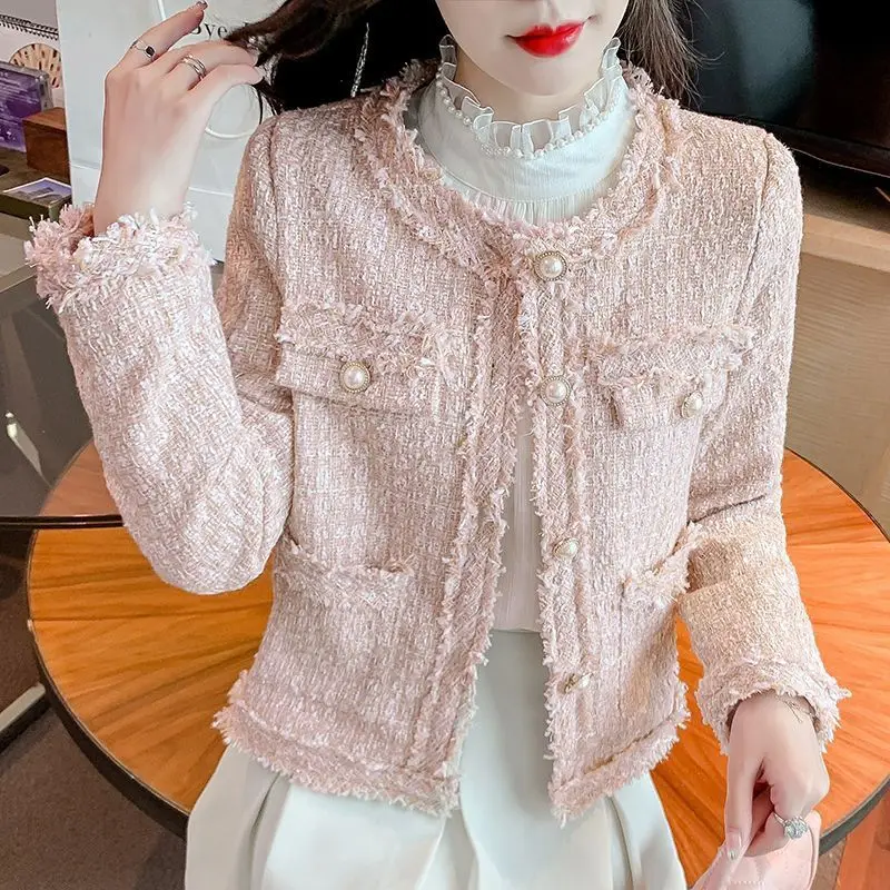 Women Clothing Round Neck Long Sleeves Wool Coat Single-breasted Tweed Jacket Korean Fashion Crop Tops Spring Autumn Outerwear 2023 new autumn winter women s short fashion embroidered flower gloves knitted wool sleeves warm mittens fingerless gloves women