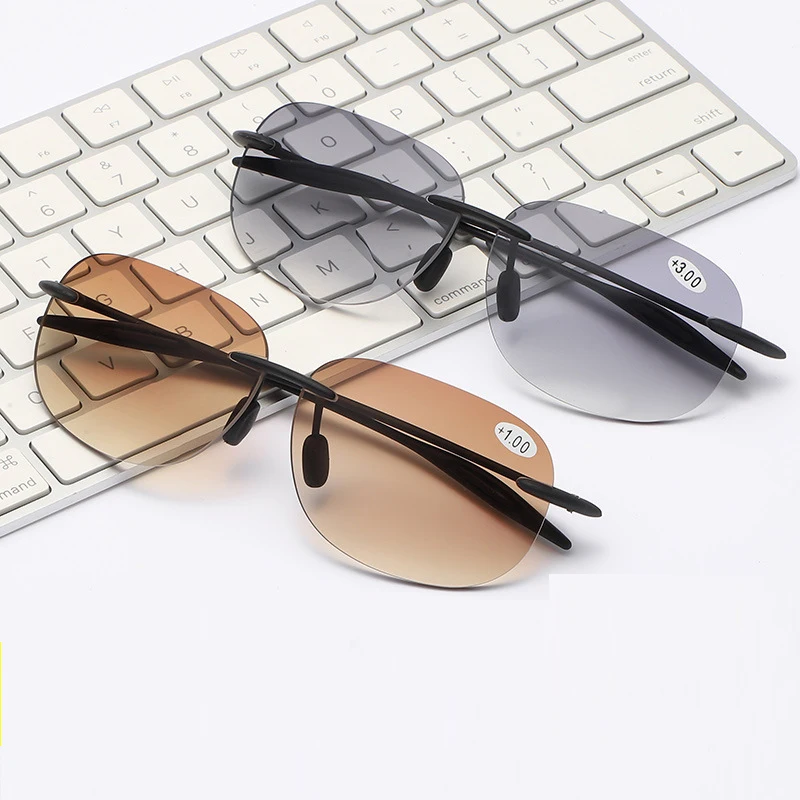 

TR90 Light Weight Grey N Brown Lenses Pilot Rimless Bifocal Reading Sunglasses +0.75 To +4 See Near and Far