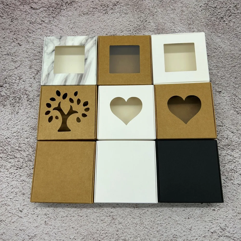 Kraft Paper Cardboard Jewelry Packaging Caixas, DIY Handmade Gifts Box, Clear PVC Window, Displays, Presentes, Caixa de embalagem, 30Pcs