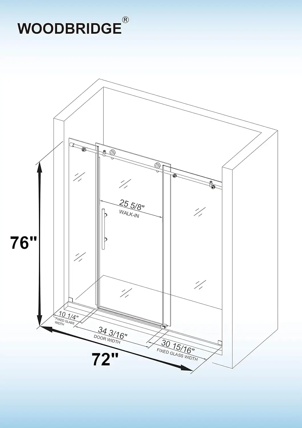Frameless Shower Doors 68-72" Width x 76" Height with 3/8"(10mm) Clear Tempered Glass 4