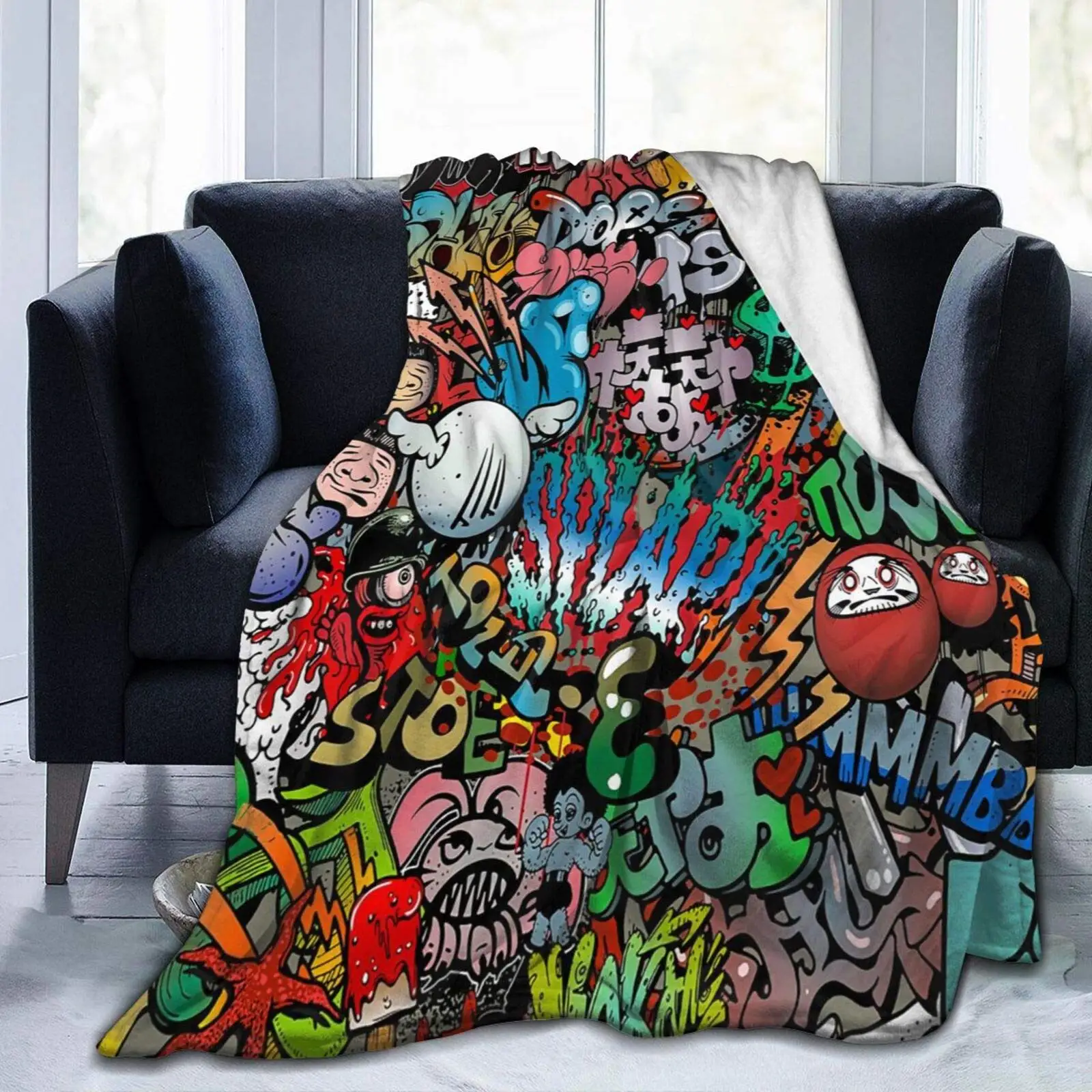 

Graffiti Art Hip-Hop Style Blanket,Chic Funny Flannel Blanket for Teen Adult,Soft Cozy Warm Throw Blanket for Bed Sofa,best Gift