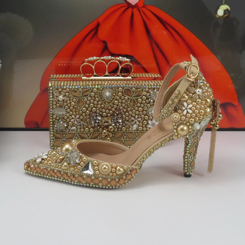 Tacon Ancho Tacones Zapatos Y Bolso A Juego De Fiesta Zapatos De Boda De  Cristal Dorado, image size:1000x1000