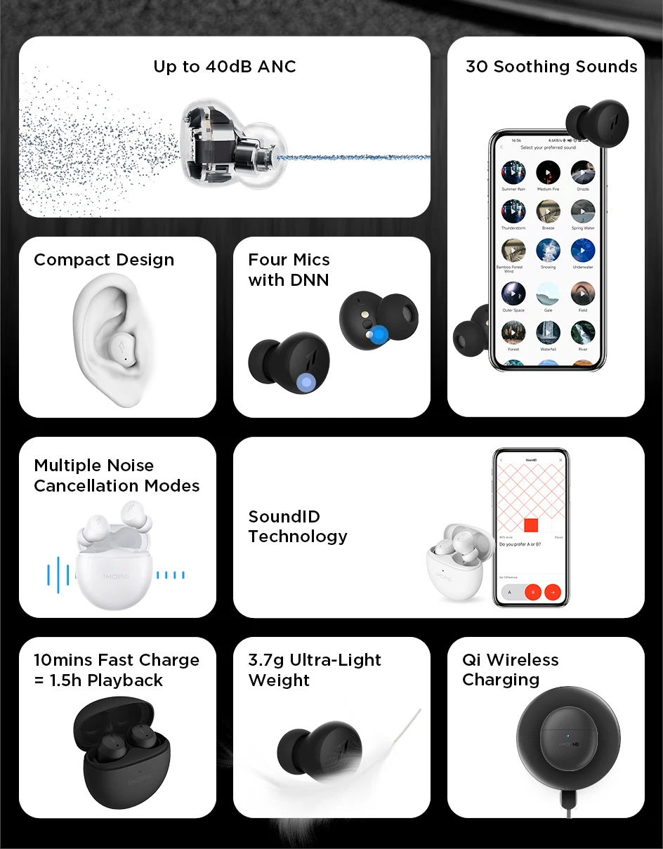 [World Premiere] 1MORE ComfoBuds Mini Bluetooth 5.2 Earbuds 40dB Quad ANC Headphones 3.7g Super Tiny Size Tws Wirless Charging headphones with microphone