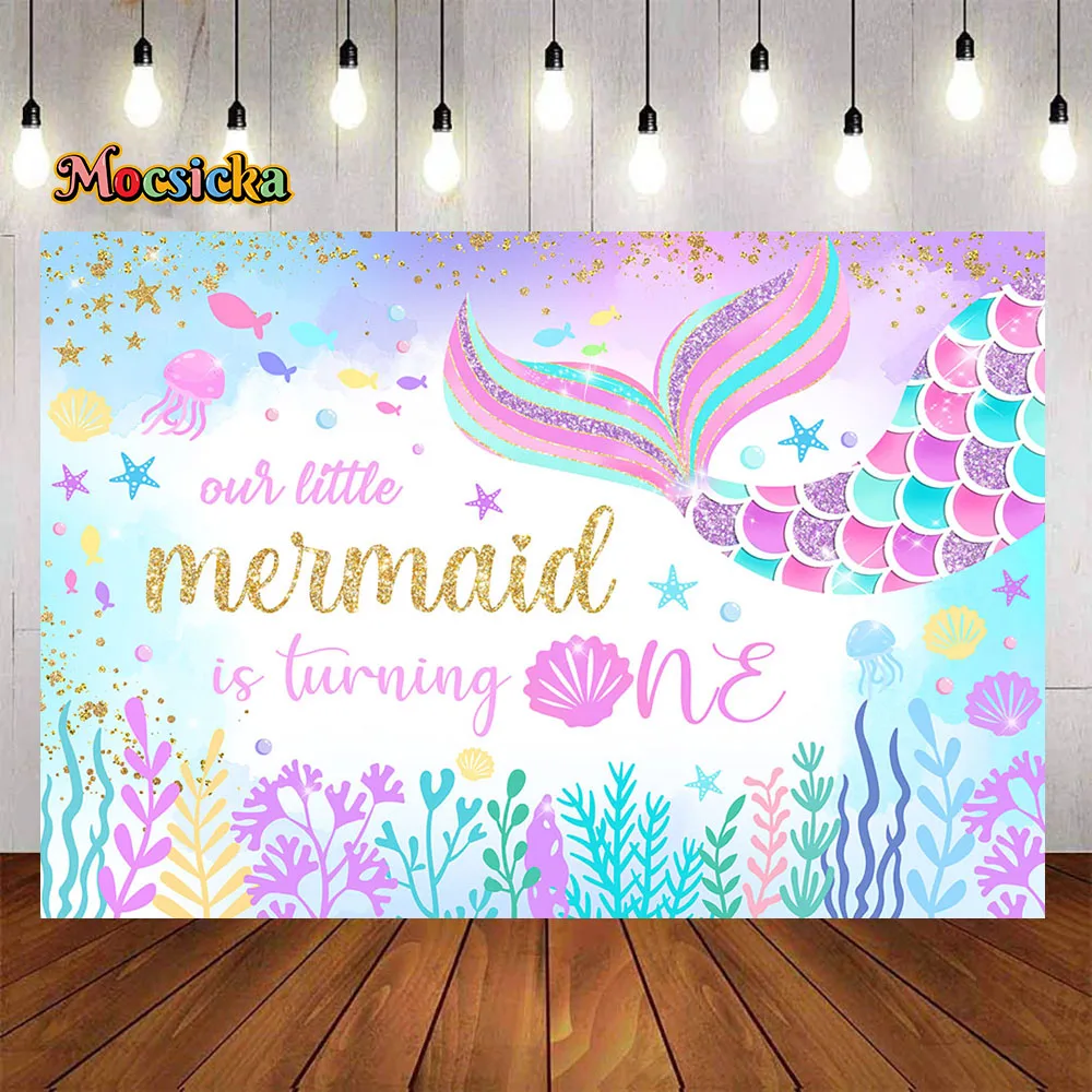 Sweet Girl Baby Show Background Blue Undersea Sirenetta 1St Birthday Party Fondale Banner Glitter Fishtail Shell Decor