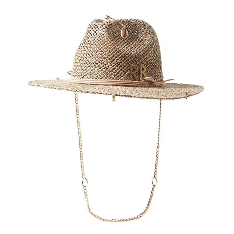 Women's Straw Sun Hat For Summer Beach With Decorative Letter Pin_voghion.com