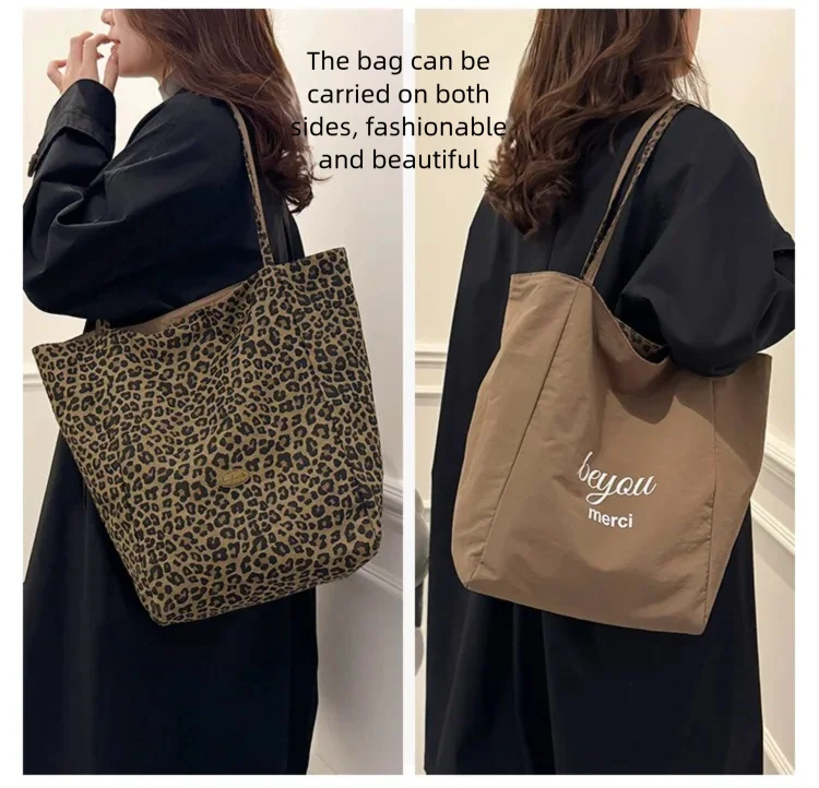 Doppelseitige Canvas-Tragetasche mit Leopardenmuster, große Kapazität, Damen-Umhängetasche im College-Stil, lässige Handtasche im City-Stil, Pendler-Tasche – Detail 8