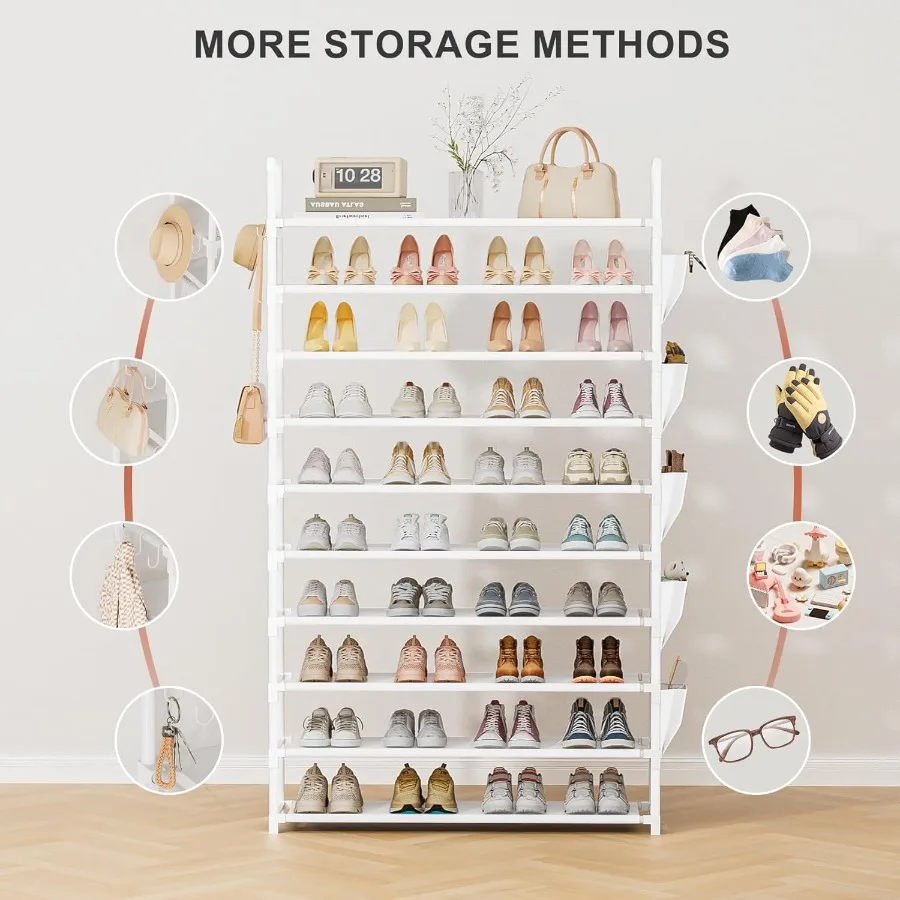 Tall Shoe Rack 10 Tier Shoe Racks Organizer for Closet 4045PairsLarge Capacity Storage Rack for Shoes with 5Hooks Sturdy Metal