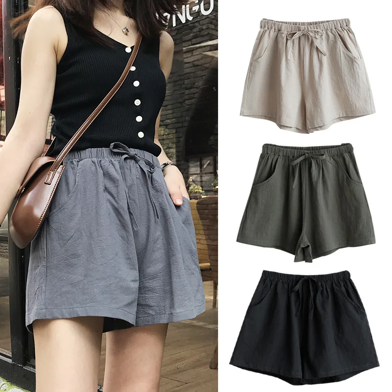 2022 Summer Casual Cotton Linen Shorts Women Soild High Waist Wide Shorts Female Elastic Waist Beach Shorts Pants with Pocket trendy clothes