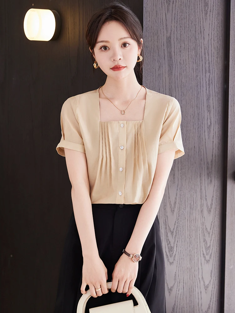 AIyssa Womens Shirts 2024 Spring New Fashion Elegant High Quality Office Womens Work Tops Short Sleeve Shirts