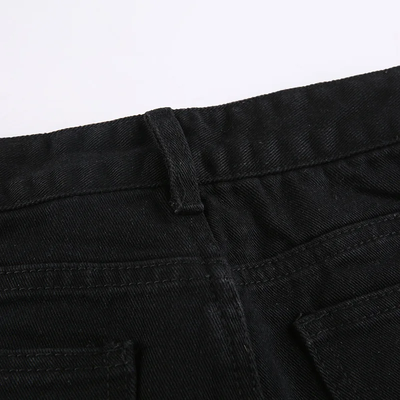 Spring new solid color hole jeans street high waist slim straight trousers black jeans