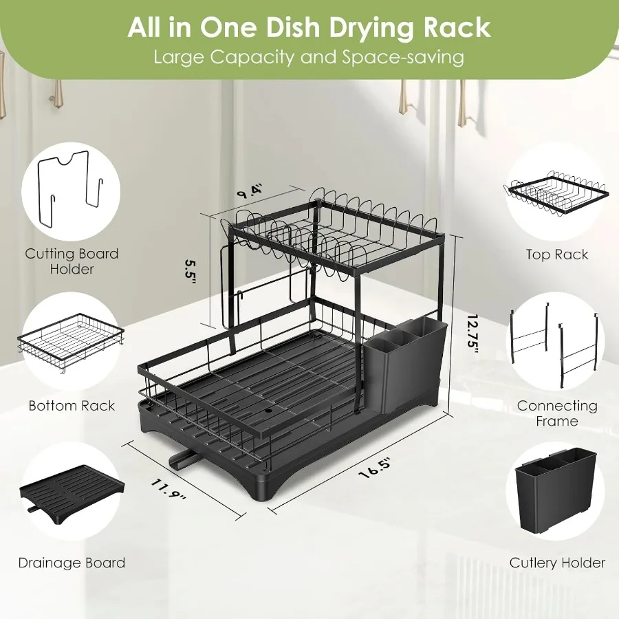 Dish Drying Rack Dish Racks for Kitchen 1 Tier or 2 Tiers Large Dish Drainer Organizer with Utensil Holder Kitchen Counter Orga