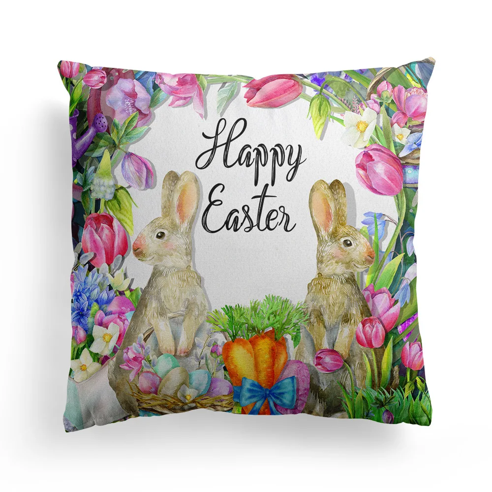 2022 Spring Easter Decor Cushion Cover Cartoon Easter Bunny Flowers Eggs Printed Pillowcase Home Decorative Pillow Cover 45x45cm