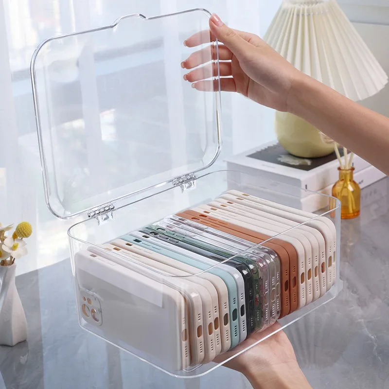 

Flip Top Dustproof Storage Box for Phone Cases and Accessories, Desk Organizer with Large Capacity