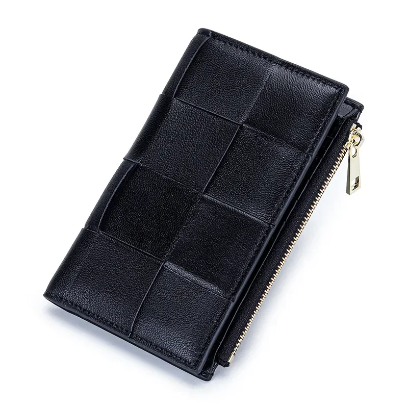 Sheepskin Card Holder Wallet New Multifunctional Women Business Card Organizer Case Box Coin Purse Woven Leather Cardbag