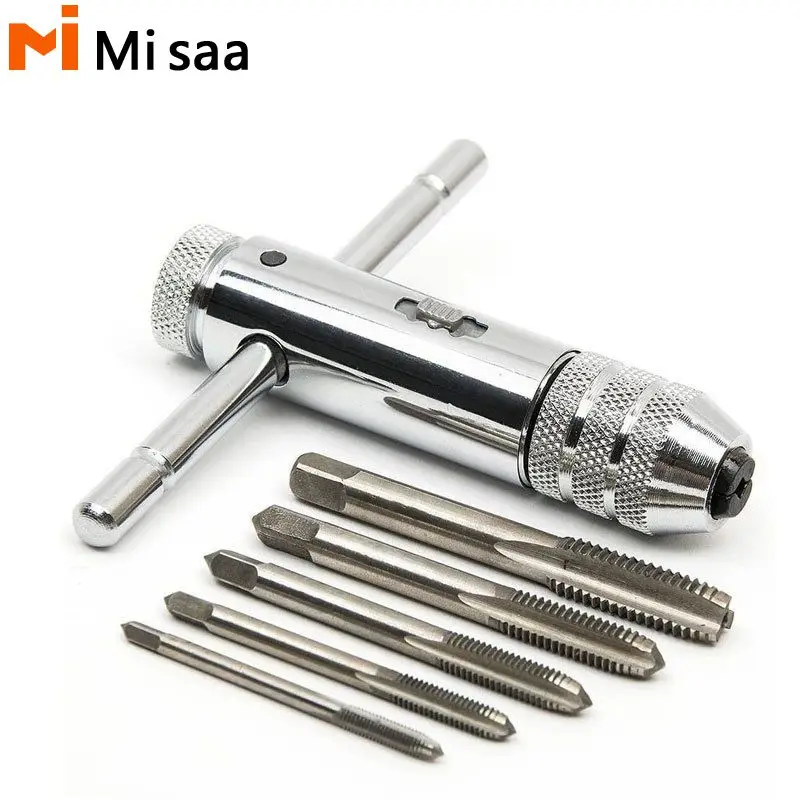 5pcs 기계 나사 스레드 메트릭 플러그 M3-M8 3mm-8mm T-핸들 조정 가능한 포지티브 및 네거티브 래칫 탭 홀더 핸드 렌..