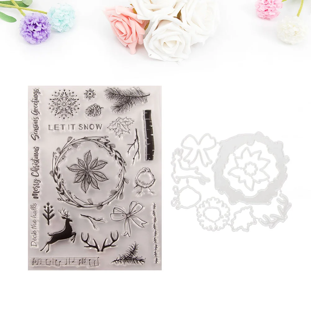 

Elk and Snowflake Design Stamp Sheets and Cutting Dies Set Transparent TPR Seal Clear Decorative Stamps Stencil Mould Set for