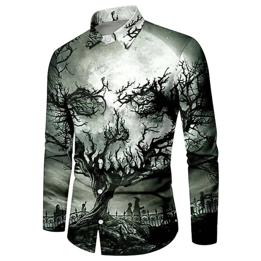 

Hawaiian casual lapel shirt new summer long sleeved shirt men's skeleton tree 3D printing
